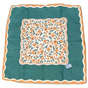 VTG HANKIE COTTAGE GRANDMA GREEN ORANGE BOLD PRINT FLORAL HAND ROLLED EDGE